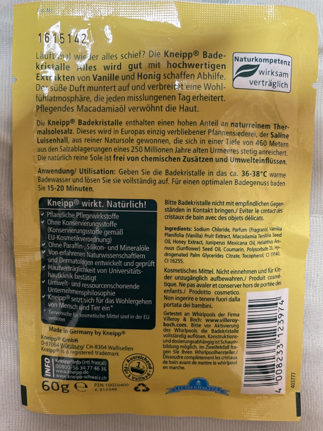 クナイプバスソルトバニラ&ハニーの香り60gの写真2枚目