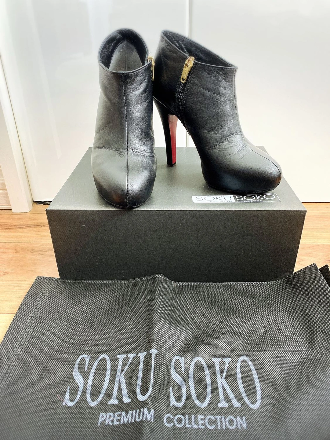 SOKUSOKO 本革 黒×赤 ピンヒール ブーティ ショートブーツ