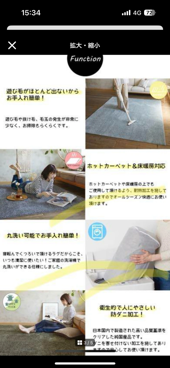 国産洗える高機能ラグ 防ダニ・耐熱・滑り止め加工のループタイプの写真3枚目