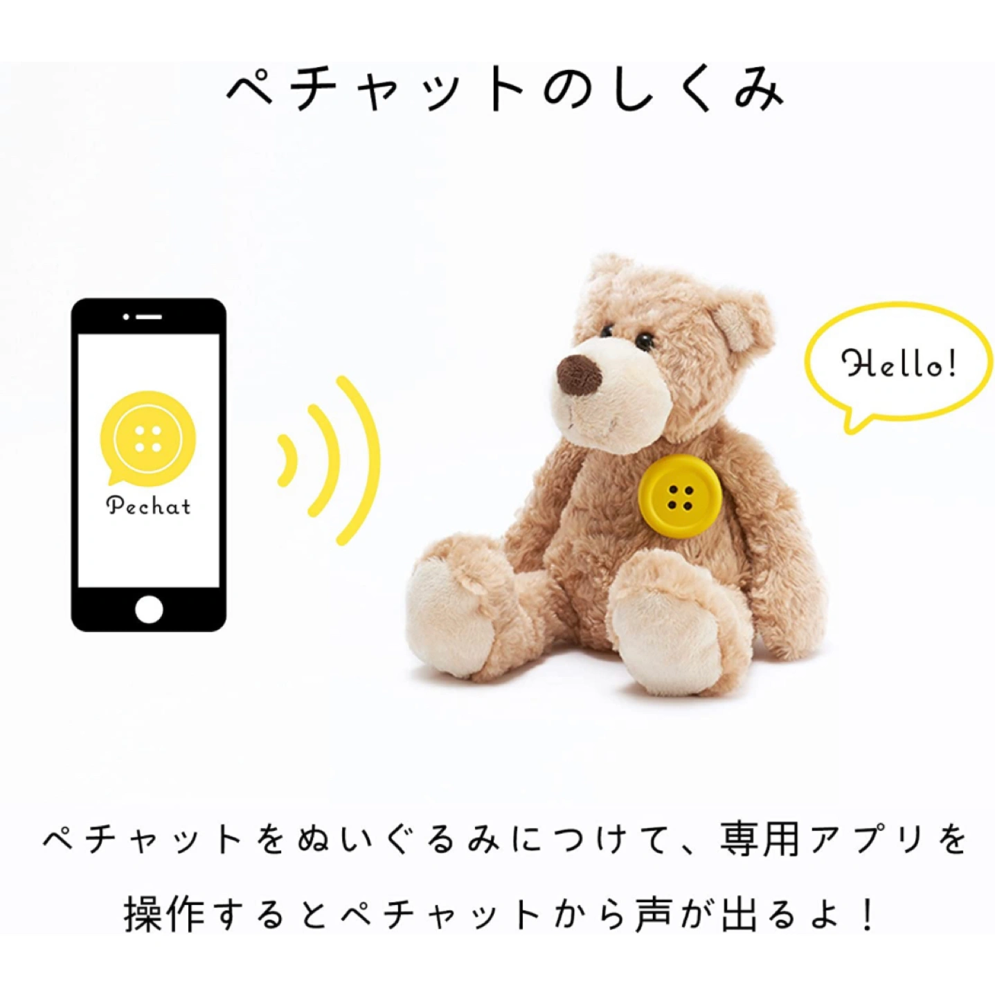 Pechat(ペチャット) イエロー ぬいぐるみをおしゃべりにするボタン型スピーカー【英語にも対応】の写真2枚目