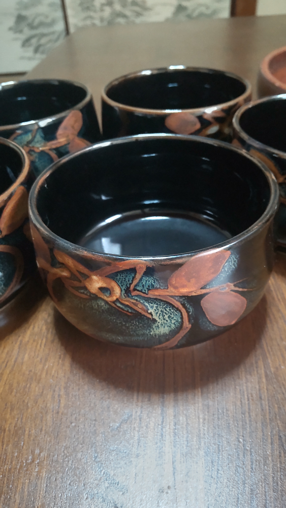 銘々小鉢黒に柿柄　五個セット　