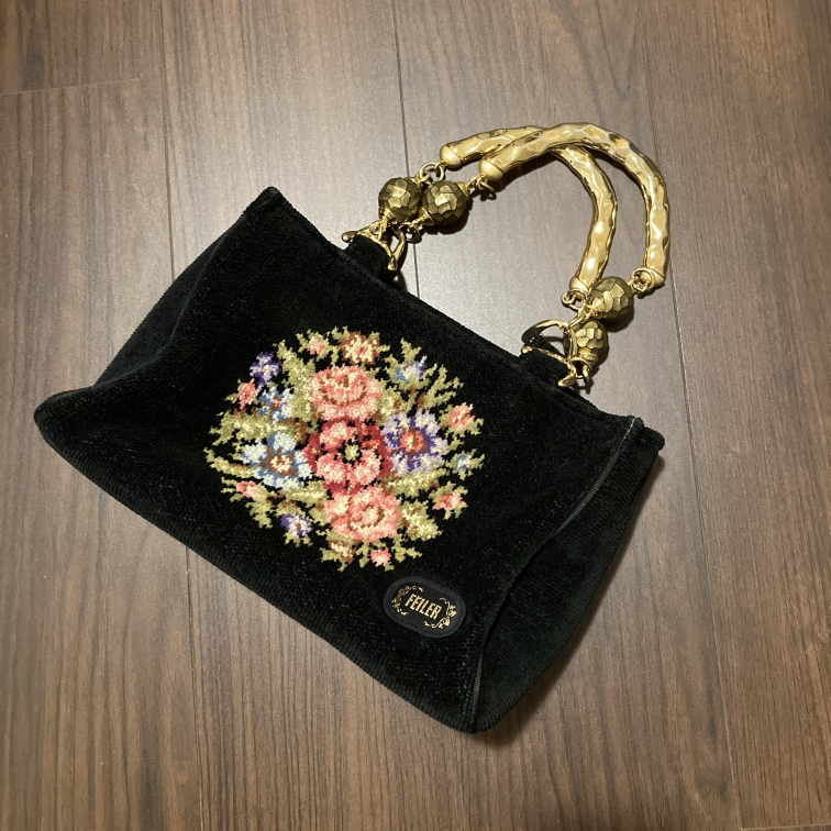 フェイラー 珍しい金具ハンドルのハンドバッグ 花柄 フラワー