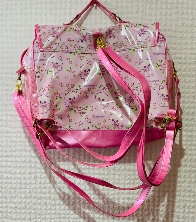 ガールズ スイマー swimmer 3WAY レッスン バック ビニール 😺ネコ 子猫 バラ 薔薇 ピンクの写真2枚目