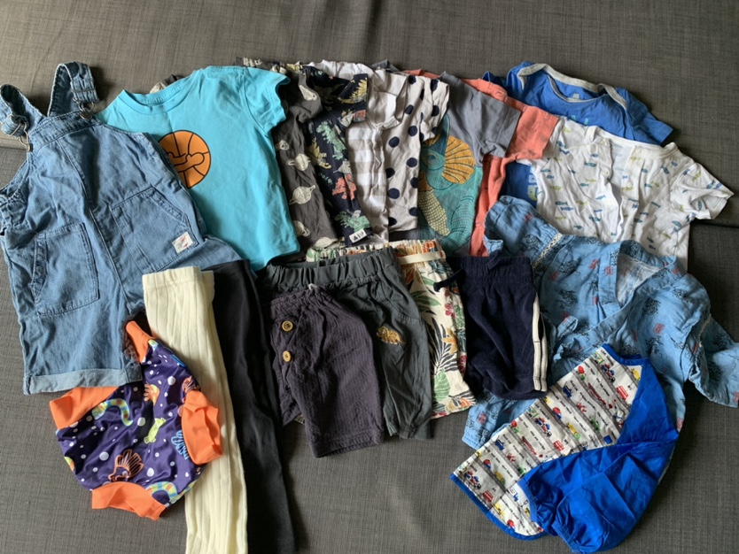 【80cm】夏服セット (デニムカバーオール、男の子水着、甚平、お食事エプロン付き)