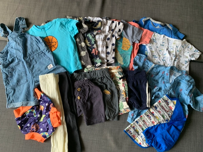 【80cm】夏服セット (デニムカバーオール、男の子水着、甚平、お食事エプロン付き)